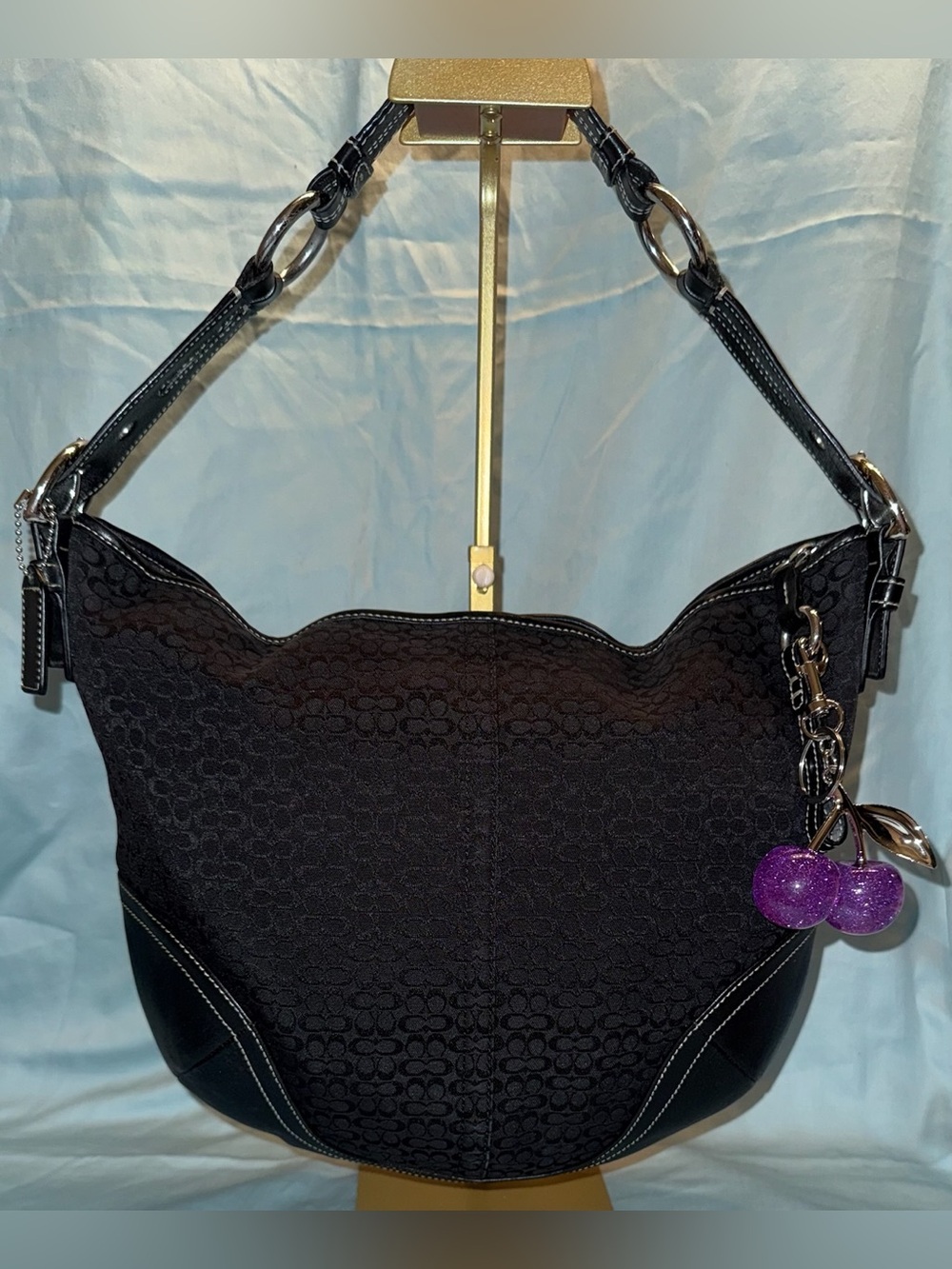 Coach Black Signature Mini C’s Jacquard Hobo with Leather Trim & White Stitching - Picture 2 of 15